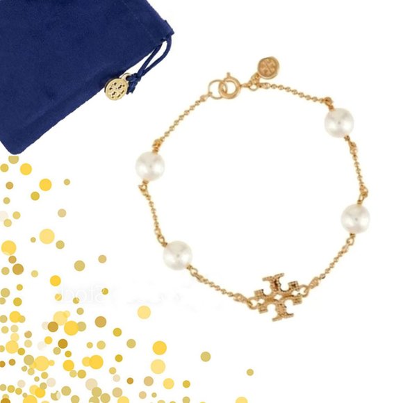 Tory Burch Milgrain Logo Pearl Bracelet NWOT - Picture 1 of 8